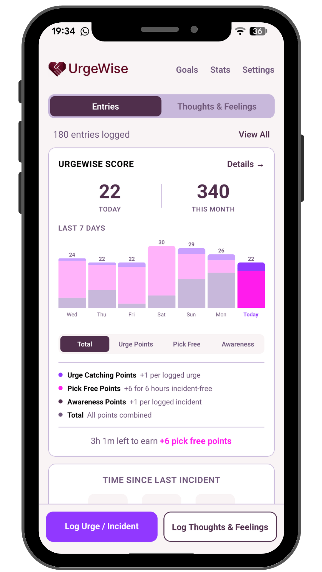 UrgeWise main screen